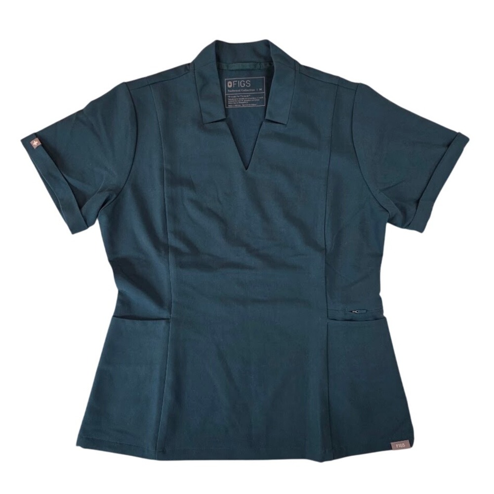 FIGS Women M Inala Scrub Top Caribbean Blue Notched Lapel Short Sleeve W22SW1036